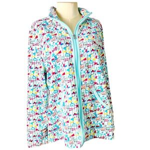 Talbots Jacket Womens XL Aqua Blue Flags Nautical Boat Full Zip Casual beachy